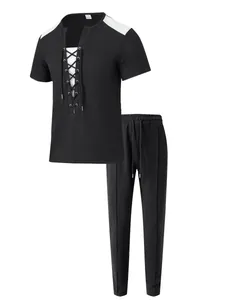 Ensemble deux pièces pour hommes en maille gaufrée noire avec haut à lacets et jogging