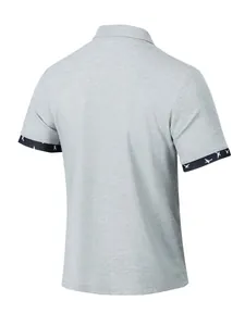Back view of a grey men's waffle knit short sleeve polo shirt with patterned sleeve cuffs