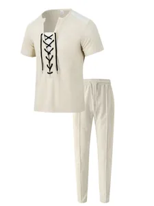 Ensemble décontracté en maille gaufrée pour homme, haut lacé et pantalon long