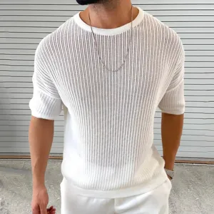 Camiseta de Punto Calada para Hombre Manga Corta Cuello Redondo Malla Transpirable Verano Casual Color Sólido Poliéster