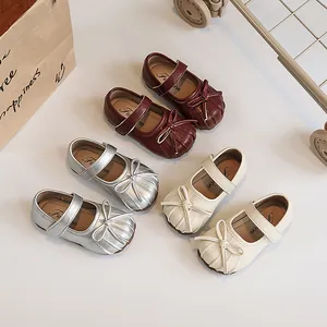Girls Mary Jane Shoes Pleated Bow Princess Flat Shoes Toddler Kids Soft Sole Velcro PU Leather Casual Dress Shoes