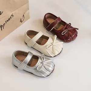 Soft-sole girls' Mary Jane princess shoes with pleated bow design in three elegant colors