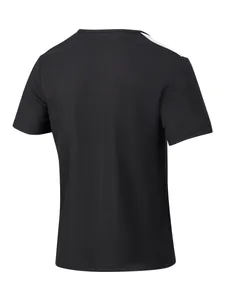 Back view detail of casual men's black waffle knit t-shirt with white shoulder stripes