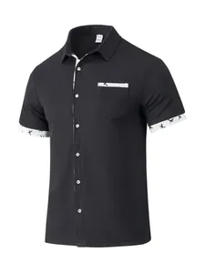 Close-up of men's black waffle knit shirt featuring contrast pattern trim and chest pocket