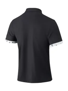 Back view of men's waffle knit short sleeve polo shirt with patterned cuffs