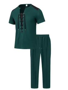 Ensemble de loisirs pour hommes en maille gaufrée vert foncé avec col à lacets et pantalon