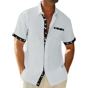 Stylish white men's short sleeve casual shirt with bird pattern contrasting trim and pocket