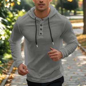 Detailansicht graues Herren Leinen Langarm-Kapuzenshirt mit Knopfleiste