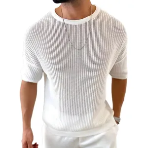 Camiseta de verano de punto calado blanco para hombre con malla transpirable y cuello redondo