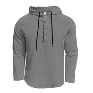 Lässiges graues Herren-Kapuzenshirt mit Leinenstruktur und schwarzen Kordelzügen