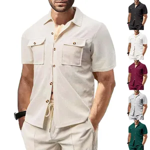 Men Short Sleeve Casual Shirt Waffle Knit Texture Double Chest Pockets Lapel Button Down Summer Top