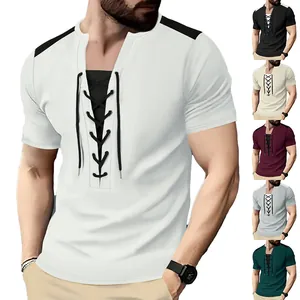 Men's American Casual Waffle Knit T-Shirt Lace-up V-Neck Short Sleeve Spliced Shoulder Summer Relaxed Fit Top
