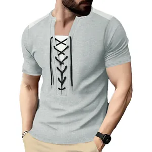 Grey men's casual waffle knit T-shirt with stylish lace-up V-neck design and loose fit