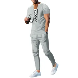 Ensemble décontracté 2 pièces pour homme en maille gaufrée grise avec haut à lacets