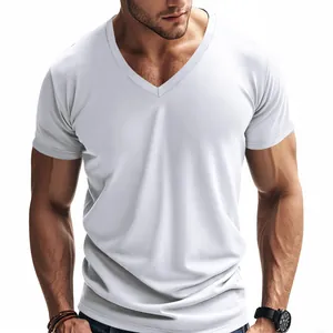 T-shirt uomo bianca con scollo a V, vestibilità slim a maniche corte estiva