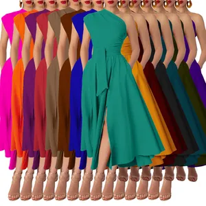 Detailed view of women's sleeveless one-shoulder flared dresses in various solid colors