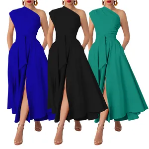Elegant one-shoulder sleeveless maxi dresses in blue, black, and emerald green tones