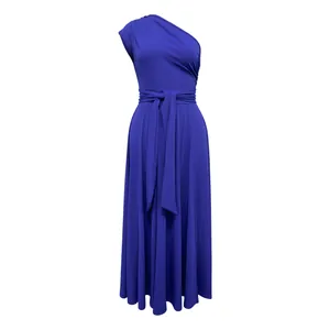 Elegant royal blue one-shoulder sleeveless maxi dress with a cinched waist and tie belt