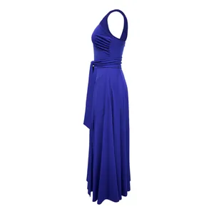 Side view of a royal blue sleeveless slanted collar maxi dress with a flowy large hem