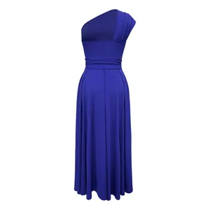 Back view of an elegant blue one-shoulder sleeveless maxi dress with a large swing skirt