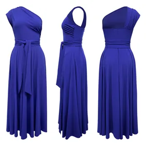 Detailed multi-angle views of a royal blue one-shoulder tie-waist maxi dress