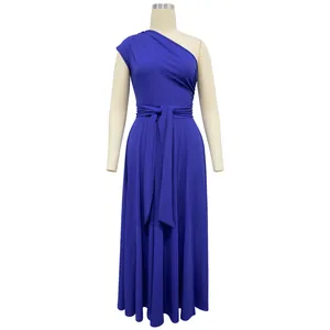 Sophisticated royal blue one-shoulder maxi dress with waist tie detail on display