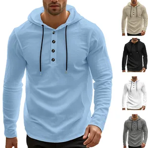 Herren Casual Leinen Hoodie Henley Langarm T-Shirt Lockerer Sitz Einfarbig Frühling Herbst Dünnes Atmungsaktives Kapuzenoberteil