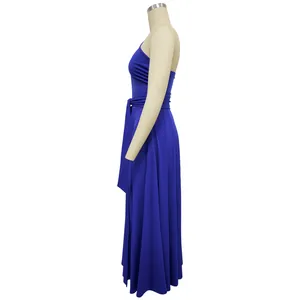 Side view detail of a royal blue one-shoulder maxi dress highlighting the waist tie.