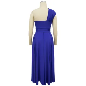 Elegant royal blue one-shoulder sleeveless pleated maxi dress shown from the back on a mannequin