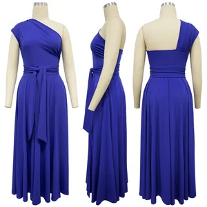 Royal blue one-shoulder maxi dress with waist tie shown from three different angles.