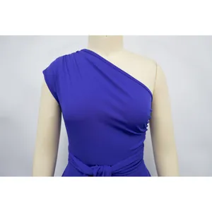 Close-up detail of the elegant one-shoulder neckline on a blue sleeveless midi dress