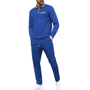 Survêtement en maille gaufrée pour hommes, ensemble décontracté polo et pantalon