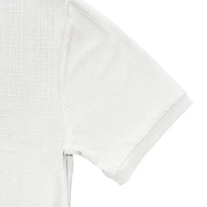 Detailed close-up showing the unique slub fabric texture of the white Henley shirt