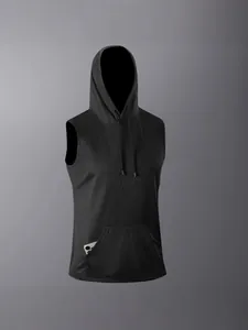 Men Hooded Sports Vest Polyester Quick Dry Sleeveless T-Shirt Breathable Fitness Tank Top With Pocket For Athletic Men