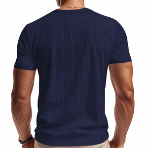 Back view of men's summer navy blue short sleeve t-shirt with retro slub knit texture