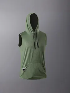 Premium men's quick-dry sleeveless workout hoodie in olive green with kangaroo pocket