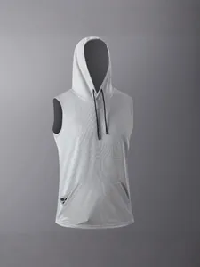 Men's athletic sleeveless hooded tank top with front pocket for gym and fitness training