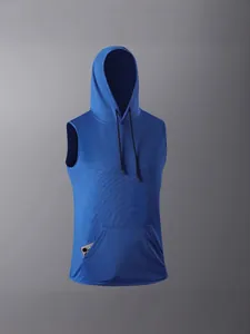 Premium men's royal blue sleeveless hooded athletic vest featuring quick-dry mesh fabric