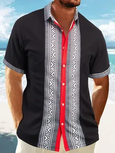 Detail view of men's waffle knit casual short sleeve shirt with unique 3D tribal print