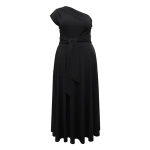 Elegant black one-shoulder maxi dress featuring a tie-waist and flowy A-line silhouette.