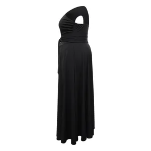 Elegant black one-shoulder sleeveless maxi dress with waist tie and full swing skirt