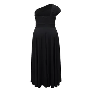 Detailed back view of a black one-shoulder sleeveless dress with a flared skirt silhouette.