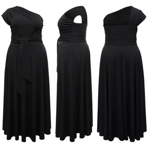 Detail view of a black one-shoulder sleeveless maxi dress with waist-cinching design
