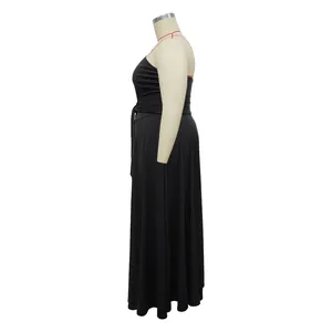 Detailed side view of sleeveless one-shoulder black maxi dress with waist tie on mannequin