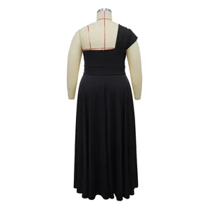 Back view of a black one-shoulder sleeveless maxi dress on a plus-size mannequin