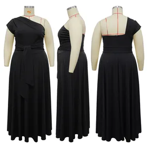 Back and side view details of elegant black one-shoulder sleeveless belted maxi dress