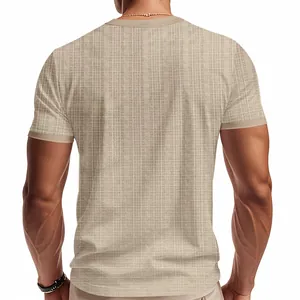 Back view of a men's beige slub texture short sleeve T-shirt with a vintage casual fit.