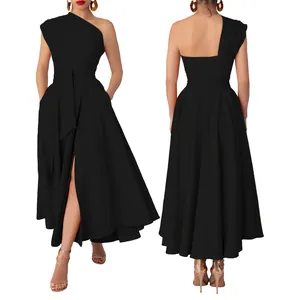 Front and back details of a black one-shoulder maxi dress with waist tie and high slit.