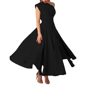 Elegant black one-shoulder sleeveless dress with belted waist and flared swing hem