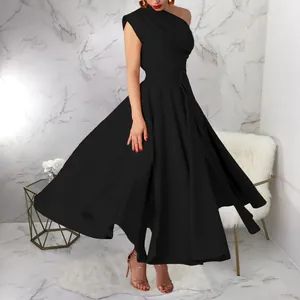 Elegant black one-shoulder sleeveless swing dress with high waist and flared skirt detail